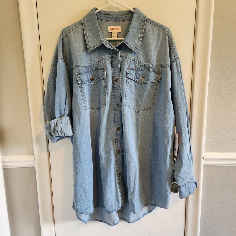 NWT Sofia Jeans by Sofia Vergara Women's XL Long Sleeve Boyfriend Jean Shirt